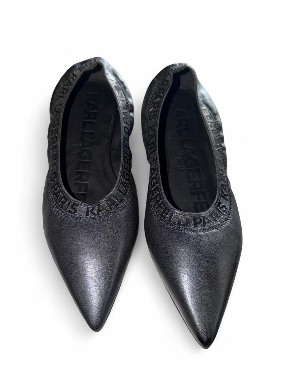 NWOT Karl Lagerfeld Black Pointed Ballet Flats with Logo Trim - Picture 1 of 5